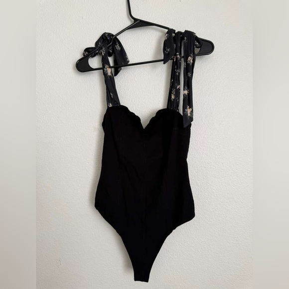 Free People Black Bodysuit with Floral Tie Straps - Picture 2 of 6